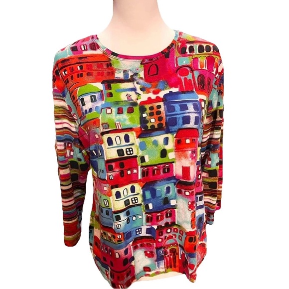 Chico’s Artsy Abstract Colorful Print Stretch Pullover Top Sz L Statement Piece - Picture 2 of 8